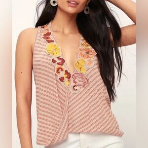 Free People Frida Tank in Neutral Sleeveless Top with Floral Embroidery Medium